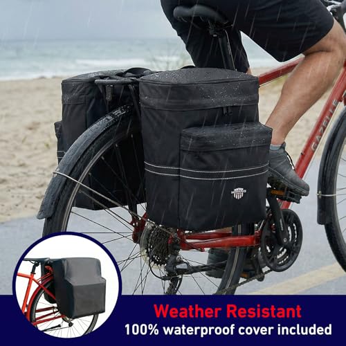 Nomad USA 34L Bicycle Saddlebags Pair XL 2-in-1 Bike Panniers Converts to Backpack Carry Bag Reflective Everyday Scooters Commuters Bike Rear Rack Bag w/Rain Cover for Students,City,Road,Mountains