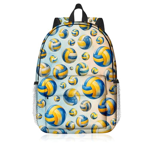 Volleyball Backpack for Kids & Youth, 16 Inch Tennis-Themed School Bookbag, Lightweight Polyester Daypack with Front Zip Pocket, Side Bottle Pocket, Padded Adjustable Straps, Unisex - color: Volleyball