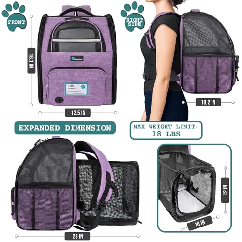 PetAmi Expandable Dog Backpack Carrier for Cats & Pets, Breathable Cat Carrier Backpack with Top Window & Multi-Entry, Ventilated Foldable Travel Carrier for Small Medium Pets up to 18 lbs, Purple - color: Purple