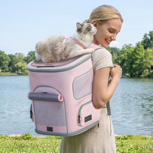 PETSFIT Pet Carrier Backpack with Upgraded Waist Protection, Cat Carrier Backpack Designed for Small Dogs/Cats, Fully Ventilated Collapsible Dog Backpack for Outdoor Traveling Hiking Camping, Pink - color: Pink