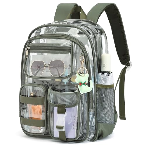 Clear Backpack for School Girls Boys Heavy Duty Transparent Backpack with Multiple Pockets, Lightweight PVC See Through Bookbag for Students-Army Green - color: Army Green