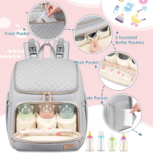 Weitars Diaper Bag Backpack Large Baby Diaper Bag with Changing Pad Travel Diaper Backpack,Baby Bag for Boys Girls,Stroller Straps,5 Insulated Pockets (Gray) - color: Gray