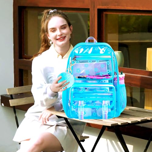 KLFVB Girls Clear Backpack Heavy Duty, 3PCS See Through School Bag Set, Cute Transparent Bookbag for Women - Plum Blossom Sky Blue - color: Plum Blossom Sky Blue Clear Backpack