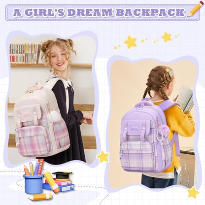 MUSEVOS Girls Backpack, Ideal School Backpack for Girls from Elementary to Teen Years, Kawaii Bookbag Cute Large Capacity - color: Purple