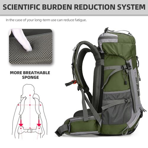 King'sGuard 60L Hiking Backpack for Men and Women Lightweight Camping Hiking Backpack with Rain Cover Large Waterproof Travel Backpack Backpacking Pack (Army Green) - color: Army Green