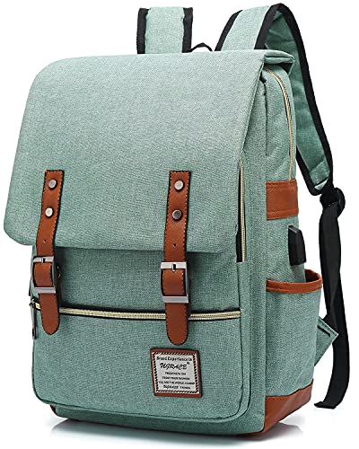 UGRACE Vintage Laptop Backpack with USB Charging Port, Water Resistant Travelling Backpacks College Bag for Men Women, Fits up to 15.6Inch Laptop in Green - color: Green