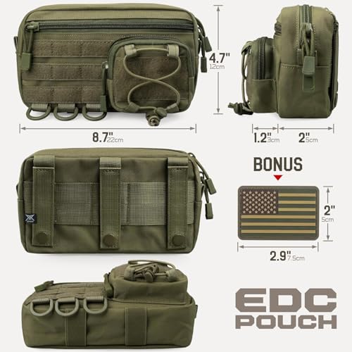 Molle Admin Pouch for Tactical Backpack, EDC Tool Pouch Organizer, Tactical Admin Pouch Molle, Belt Zipper Utility Waist Bag, Horizontal Phone Pouch with US Flag Patch - color: Army Green