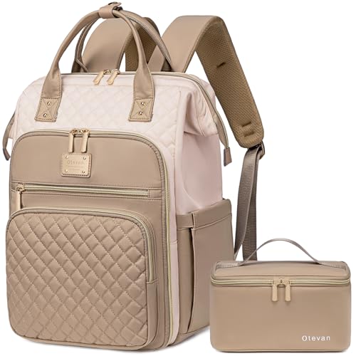 Otevan Lunch Backpack for Women, 15.6 inch Laptop Backpack, Work & Travel Backpack with Insulated Lunchbox Cooler - color: Beige/Kakhi