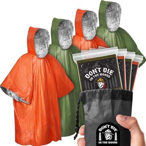 Don't Die In The Woods - Rain + Heat Emergency Poncho - Wearable Mylar Space Blanket For Hiking, Camping, First Aid, Survival - color: 4pk Starter Set - Green + Orange