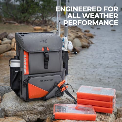 KastKing All Weather Fishing Tackle Backpack with 4 Waterproof Tackle Boxes & Removable Rod Holders,Waterproof ArmorShield Fabric Fishing Bag Storage Fishing Gear - color: A: Grey（With 4 Waterproof Tackle Boxes）