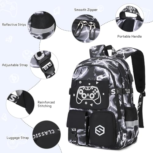 Scothen Boys Backpack, Cool Luminous School Backpack with Lunch Bag Pencil Case, Kids Backpack Kindergarten Elementary Middle School Book Bags for Teen Boys Children with USB Charging Port - color: Black Lightning