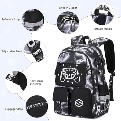 Scothen Boys Backpack, Cool Luminous School Backpack with Lunch Bag Pencil Case, Kids Backpack Kindergarten Elementary Middle School Book Bags for Teen Boys Children with USB Charging Port - color: Black Lightning
