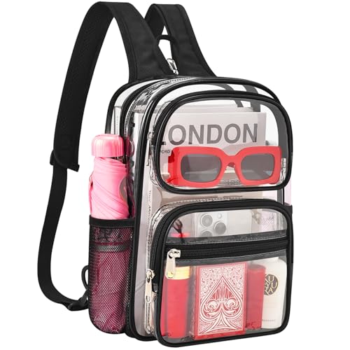 Busiuw Clear Backpack for Stadium Events 3 in 1 Clear Sling Crossbody Bag with Adjustable Reinforced Straps for Sports Fan, Concert Festivals and Games (Black)