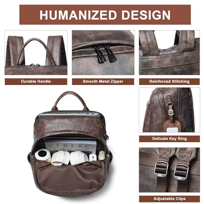 Vegan Leather Backpack for Women and Men, Fits 16.0 Inch Laptop, Multi-Pocket Design with Water Bottle and Luggage Strap, Ideal for Work, Travel, and Daily Use, Coffee - color: 4-1 Coffee