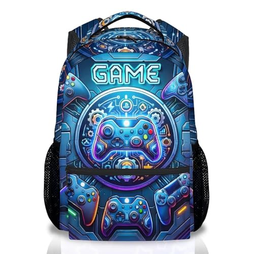 Backpack for Boys Gaming School Bag for Kids Teens Gamer - 17 Inch Large Capacity Bookbag with Video Game for Elementary Middle School - color: Blue