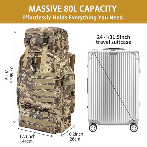 80L Camping Hiking Backpack, Large Military Tactical Backpack with USB Charging Port, Waterproof Travel Daypack With Carabiner Outdoor MOLLE Rucksack for Men Women (Camo) - color: 80l Camo-biner
