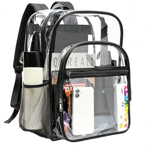 gdbis Clear Backpacks for School - 17 Inch Extra Large Transparent Heavy Duty Clear Bookbag for Boys & Girls See Through PVC School Backpack with 2 Front Pockets for Work, College, Concert, Black