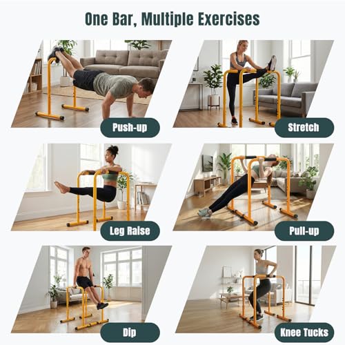 OLIXIS Dip Bar, Adjustable Heavy Duty Dip Bar Station with Soft High-Density Foam Handles, Stabilizer Parallel Parallette Bar Fitness Equipment for Home, Gym, Patio, Office - color: Yellow