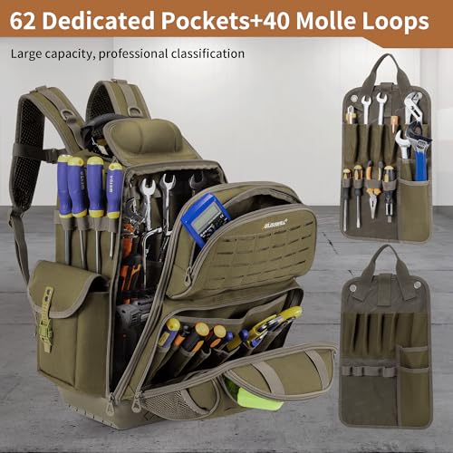 BLISSWILL Tool Bag Backpack for men,Heavy Duty Tool Backpack Bag with Waterproof Molded Base，62 Pockets/40 Loops Heavy Duty Tools Organizer Bags/Electrician/Industrial/Construction Work Backpack - color: Dark Khaki