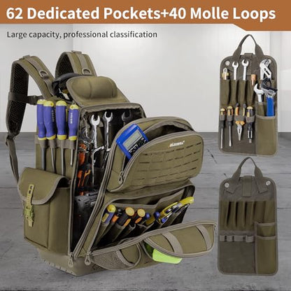 BLISSWILL Tool Bag Backpack for men,Heavy Duty Tool Backpack Bag with Waterproof Molded Base，62 Pockets/40 Loops Heavy Duty Tools Organizer Bags/Electrician/Industrial/Construction Work Backpack - color: Dark Khaki