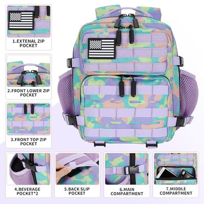9L Mini Tactical Backpack for Men and Women Tactical Backpack Small for Hiking Small Tactical Bag Fitness Pack - color: Purple Green and Yellow