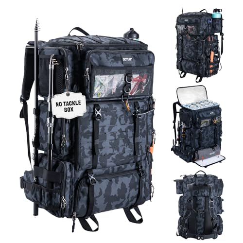 Goture Fishing Backpack with Cooler,72L Large 600D Tackle Backpack with Rod Holders,Dry & Wet Split Compartment,Adjustable Main Compartment,Rain Cover,Insulated Tactical Bag for Travel Camping Hiking - color: Camo (Only Bag, Without Tackle Box)