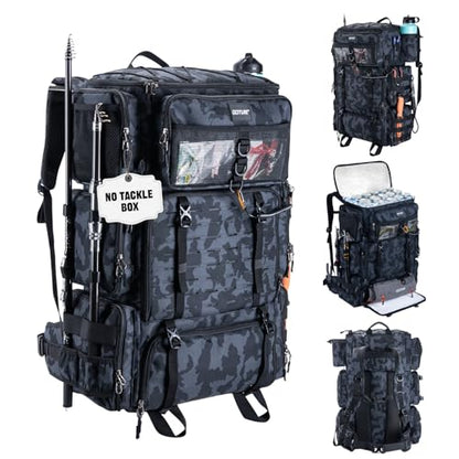 Goture Fishing Backpack with Cooler,72L Large 600D Tackle Backpack with Rod Holders,Dry & Wet Split Compartment,Adjustable Main Compartment,Rain Cover,Insulated Tactical Bag for Travel Camping Hiking - color: Camo (Only Bag, Without Tackle Box)