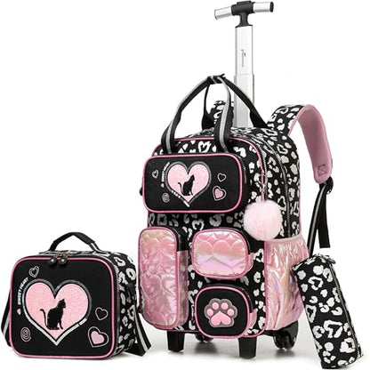Cute Cat Rolling Backpack with Wheels for Elementary Kindergarten Students Kids Travel Luggage Black Carry on Backpack for Girls Ages 6-8 - color: A Black Cat