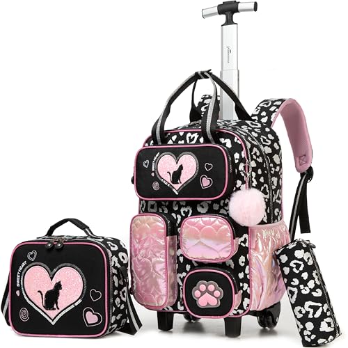Cute Cat Rolling Backpack with Wheels for Elementary Kindergarten Students Kids Travel Luggage Black Carry on Backpack for Girls Ages 6-8 - color: A Black Cat