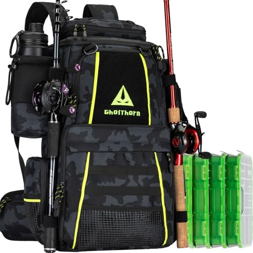 Ghosthorn Fishing Tackle Backpack with 4 3600 Tackle Boxes Rod Holder Outdoor 43L Large Bag with Detachable Wasit Bag Storage Gear and Equipment Waterproof - color: With 3600*4 Black Camouflage (43l)