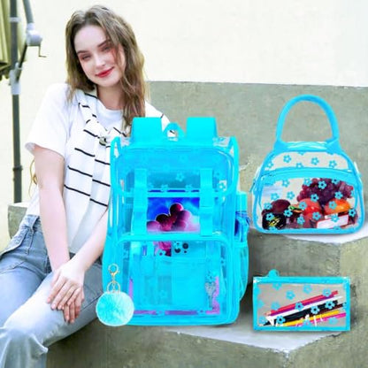 17" Clear Backpack for Girls, School Kids Transparent Bookbag Set, 3Pcs Stadium Approved See Through Backpack with Lunch Box (Blue) - color: Plum Blossom Blue