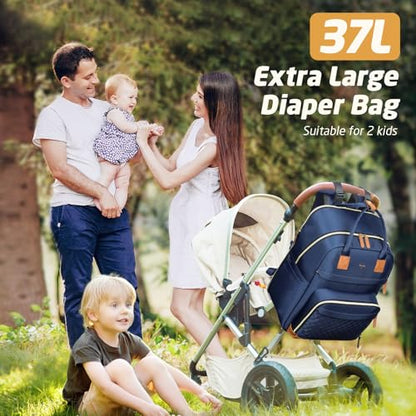 Diaper Bag Backpack - Extra Large Diaper Bag for 2 Kids Twin, Travel Baby Bags for Mom Dad 25-37L Expandable with Changing Pad Earphone Hole, Solid Blue - color: Solid Blue