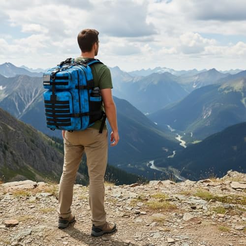 45L Military Tactical Backpack for Men & Women Bug Out Bag Assault pack Molle Daypack Hiking Trekking Rucksack (2.0 side pockets （blue tie dye）) - color: 2.0 Side Pockets （blue Tie Dye）