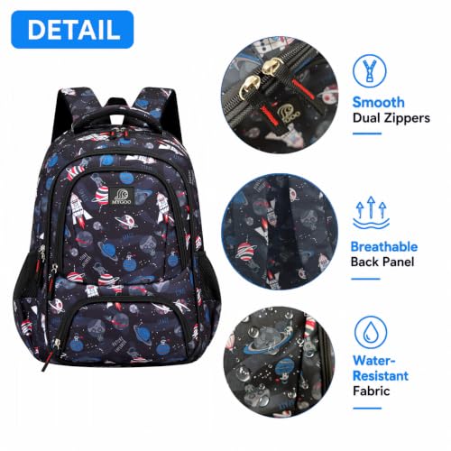 MYGOO Boys School Backpack Doubleday Astro Black Bookbag for Elementary Middle School Ages 5-12, 17 inch Large Capacity 24L Kids Student Travel Bags - color: Doubleday Astro Black