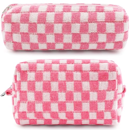 ZLFSRQ 2Pcs Checkered Pencil Case Cute Pencil Pouch for Teens Pink Checkered Makeup Bag Travel Cosmetic Bag Set Cute Preppy Makeup Pouch for Purse Portable Zippered Skincare Toiletry Bags Organizer - color: BH-Checkered 2Pcs Mix Pink&White