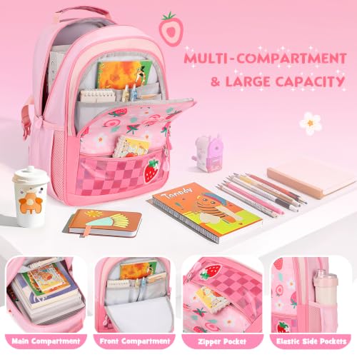Kids Backpack for Girls 5-8, 4PCS Toddler Backpack with 13oz Kids Insulated Water Bottle, Lunch Box and Pencil Case, Girls Bookbag Schoolbag for Primary Kindergarten Elementary School - color: Strawberry Pink