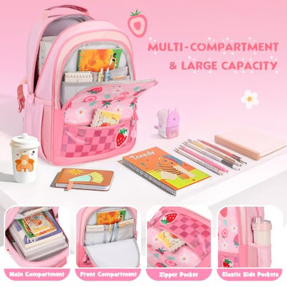 Kids Backpack for Girls 5-8, 4PCS Toddler Backpack with 13oz Kids Insulated Water Bottle, Lunch Box and Pencil Case, Girls Bookbag Schoolbag for Primary Kindergarten Elementary School - color: Strawberry Pink