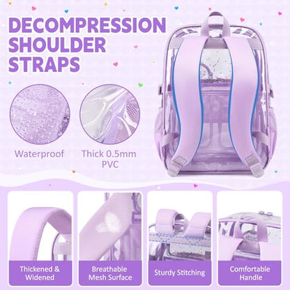 Clear Backpacks for Stadium Events Heavy Duty Clear Bookbag for School Girls Transparent Back Pack, Purple - color: Purple