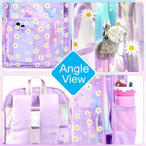 gxtvo 3PCS See Through Backpack Heavy-Duty Set for Women & Teen Girls, 17" Purple Transparent Bookbag with Rainbow Strap, Cute Chrysanthemum Clear School Bag - color: Purple Chrysanthemum Clear Backpack Set