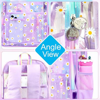 gxtvo 3PCS See Through Backpack Heavy-Duty Set for Women & Teen Girls, 17" Purple Transparent Bookbag with Rainbow Strap, Cute Chrysanthemum Clear School Bag - color: Purple Chrysanthemum Clear Backpack Set