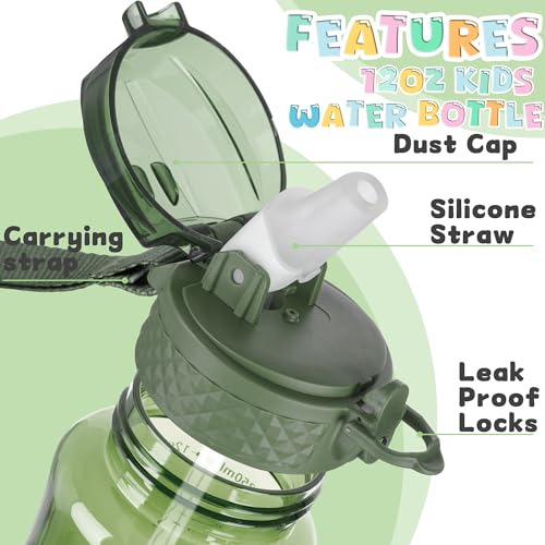 OLDLEY 12oz Kids Water Bottle, Tritan BPA-Free, Leakproof Flip Straw Lid, Motivational Time Marker, Carry Strap, Reusable Clear Water Bottle for Boys & Girls,Jade - color: Jade, style: 12 Ounces