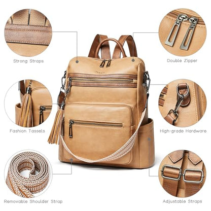 Shrrie Backpack Purse for Women Leather Fashion Designer Travel Backpack Convertible Shoulder Satchel Bag for College Work - color: 2-8 Camel With Brown