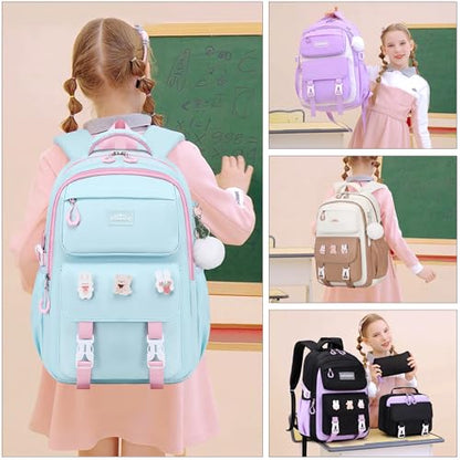 DIGOBAY 3PCS Girls Backpack for School, Large Kids Backpack for Girls with Lunch Box Pencil Case Set for Teen Girl Elementary Primary Middle High College School Bookbag with Cute Pins Aquamarine-Pink - color: Aquamarine-pink