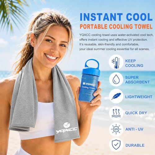 YQXCC 2 Pack Cooling Towels (47"x12"), Ice Cool Neck Towel, Soft Breathable Microfiber for Yoga, Golf, Gym, Running, Camping & Hot Weather - color: 2*light Gray