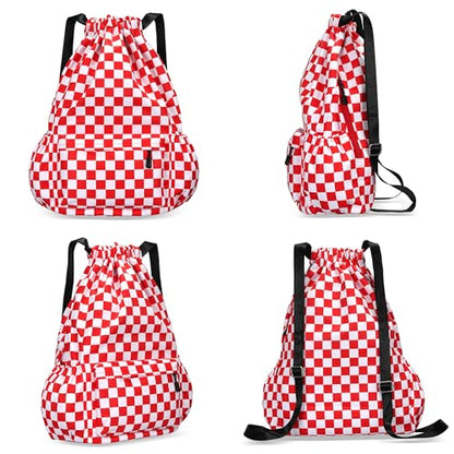 Drawstring Backpack for Women Drawstring Gym Bag Water Resistant Small Cinch Sack Pull String Backpack Bag (Checkered-Pink) - color: Checkered-pink