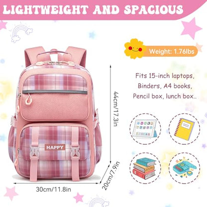 Kids Backpack for Girls,Cute Plaid Backpack,Preppy Bookbag for Elementary & Middle School Students,Large Capacity School Bag,17 Inch,Pink - color: Pink