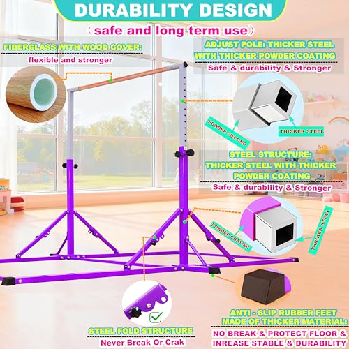 Marfula Gymnastic Bar For Kid and Teenage of 3-25, 5Ft/8 FT Base Length 4Ft Width 5Ft Adjust Height, Gymnastic Kip Bar For Gymnast, Gymnastic Training Equipment For Professional Training Home Club Use - color: Purple(5 Ft Base)