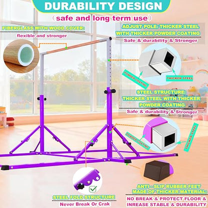 Marfula Gymnastic Bar For Kid and Teenage of 3-25, 5Ft/8 FT Base Length 4Ft Width 5Ft Adjust Height, Gymnastic Kip Bar For Gymnast, Gymnastic Training Equipment For Professional Training Home Club Use - color: Purple(5 Ft Base)