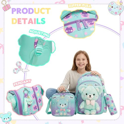 Meetbelify Kids School Backpacks for Girls Boys Backpack with Lunch Bag for Elmentary Students - color: 01 Bear Green
