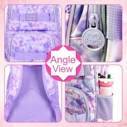 UFNDC Backpack for Girls, 17.5" Water Resistant Cat Galaxy Tie-Dye School Backpacks, Teens Bookbag for Women College Middle - color: Girls Backpack Tie-dye Purple